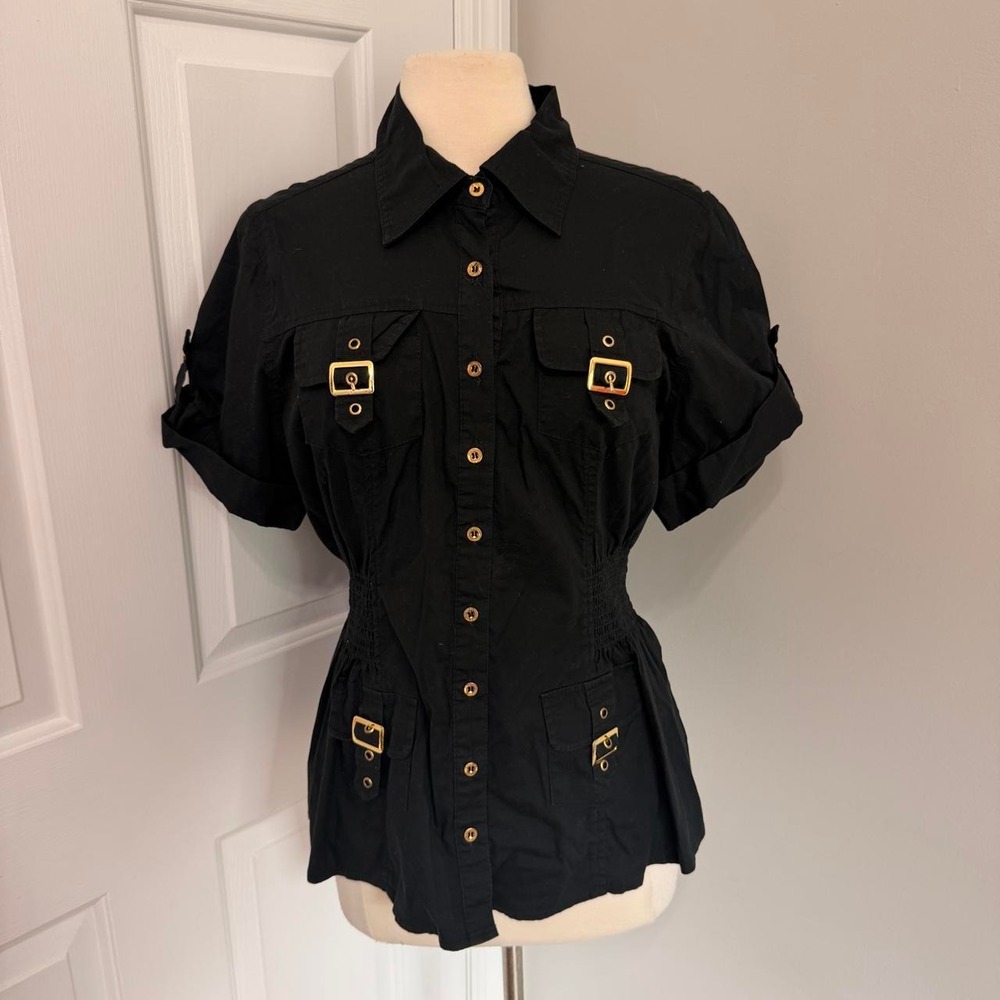Y2K BLACK DERÉON BUTTON UP CINCH WAIST BLOUSE
